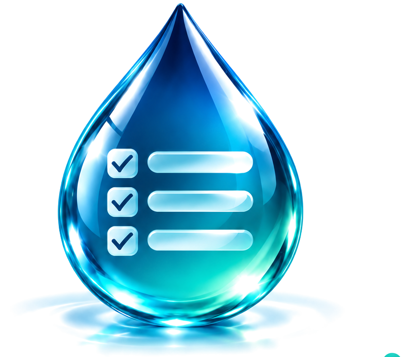 Símbolo de FLUIDmetrix: una gota de agua que contiene un checklist digital